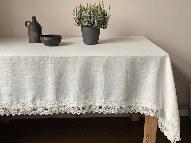 Linen Tablecloth with Lace, Milk White Linen Tablecloth, Milk White Lace Tablecloth, Large Square Linen Tablecloth, Large Tablecloth image 10