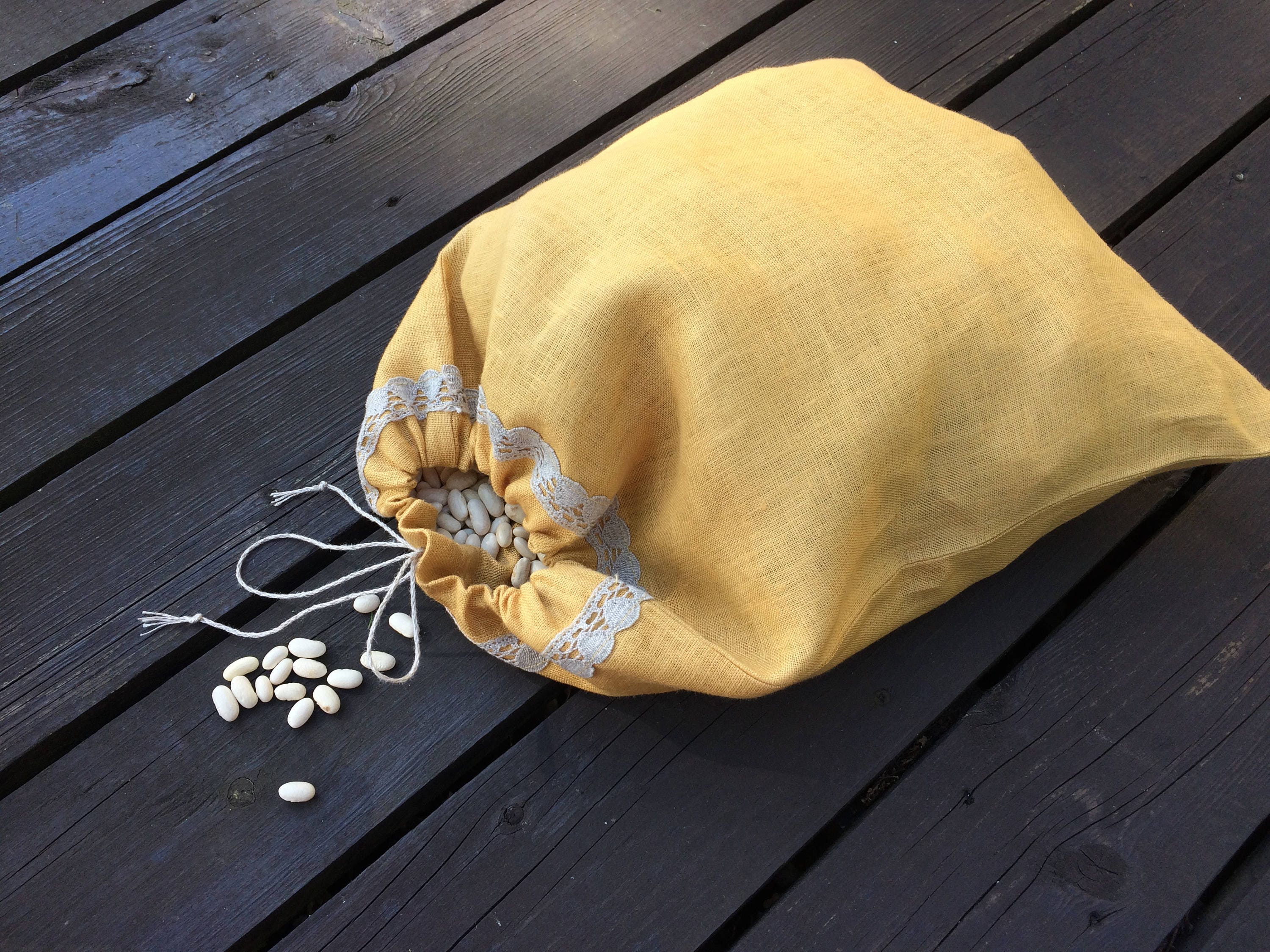Natural Linen Bag, Dark Yellow Linen Pouch, Vintage Style Storage Bag