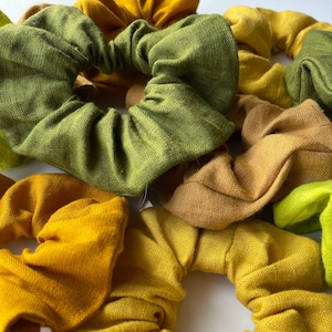 Ready to Ship. Set of 5 Different Color Linen Scrunchies Moss Green. Lime Green. Curcuma Yellow. Caramel. Mustard Yellow zdjęcie 1