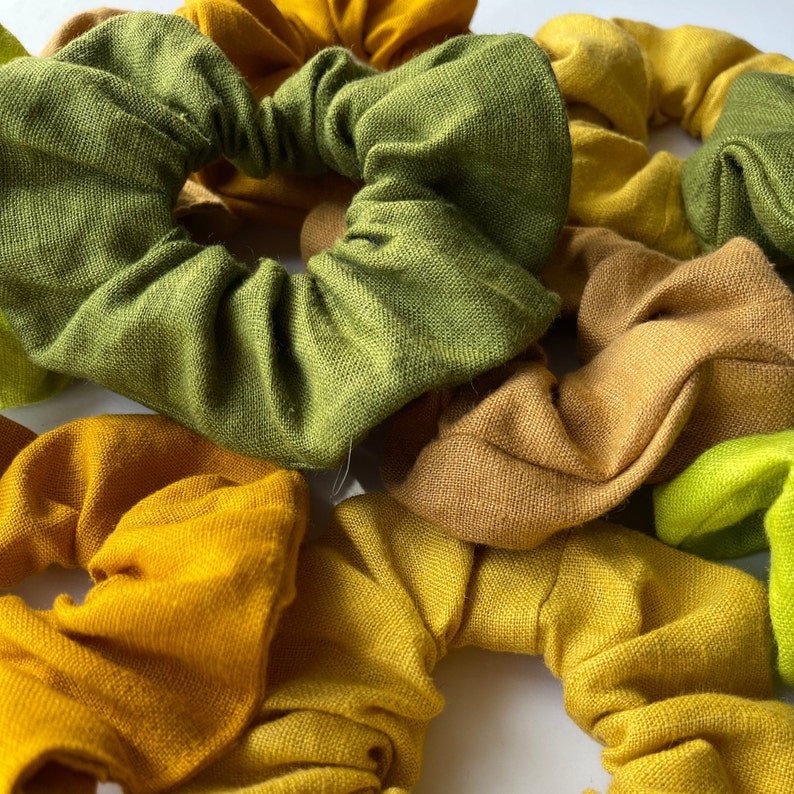 Ready to Ship. Set of 5 Different Color Linen Scrunchies Moss Green. Lime Green. Curcuma Yellow. Caramel. Mustard Yellow zdjęcie 1