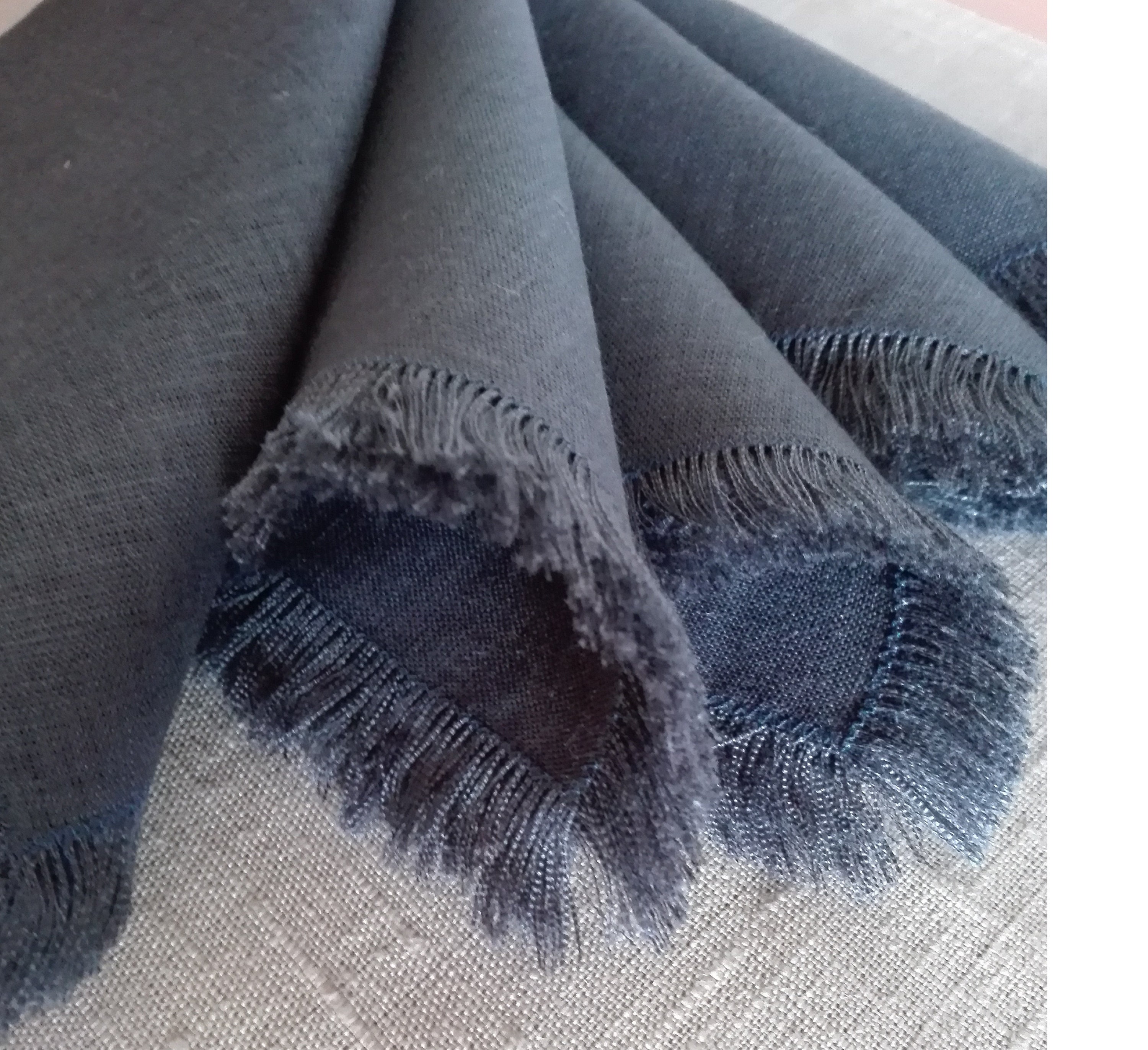 Dark Blue Napkins, A set 6 Blue Linen Napkins with Fringes, Cloth