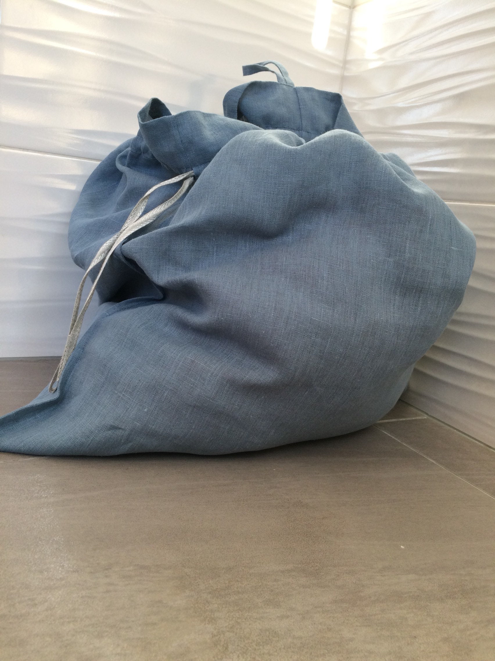 Grayish Blue Laundry Bag, Linen Laundry Bag, Natural Laundry Bag