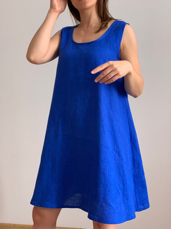 Loose Linen Trapeze Dress: Sleeveless Summer Beach Dress, Custom Made