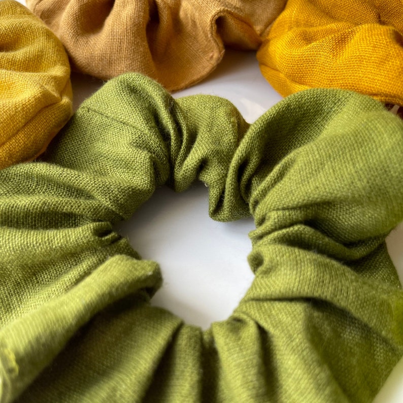 Ready to Ship. Set of 5 Different Color Linen Scrunchies Moss Green. Lime Green. Curcuma Yellow. Caramel. Mustard Yellow zdjęcie 3