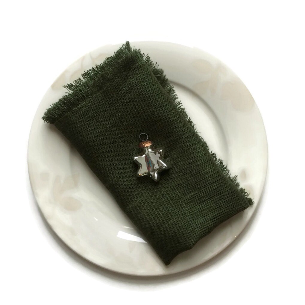 Linen Napkins with Fringes, A set of 6 lien napkins,Dark Green Dinner Napkins, Natural Linen
