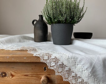 Linen Tablecloth with Lace, Milk White Linen Tablecloth, Milk White Lace Tablecloth, Large Square Linen Tablecloth, Large Tablecloth