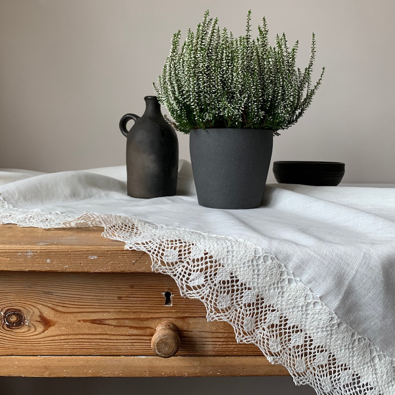 Linen Tablecloth with Lace, Milk White Linen Tablecloth, Milk White Lace Tablecloth, Large Square Linen Tablecloth, Large Tablecloth image 1