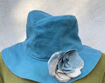 Ready to Ship,  Sea blue colors Hat with Linen Flowers, Double-Sided Linen Fabric Women's Hat with Decorative  Limen Flowers