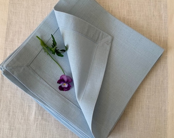 6 Light Blue Linen Napkins,  White Linen Napkins, Rustic Table Linen, Dinner