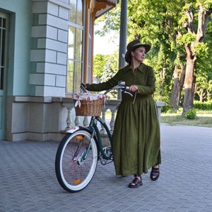 Maxi Linen Dress: Long Sleeve Button Front Dress with Pockets