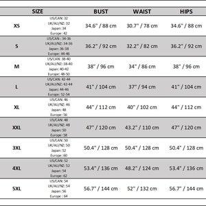 May include: Size chart for clothing with measurements in inches and centimeters. The chart shows sizes from XS to 5XL with corresponding bust, waist, and hip measurements.