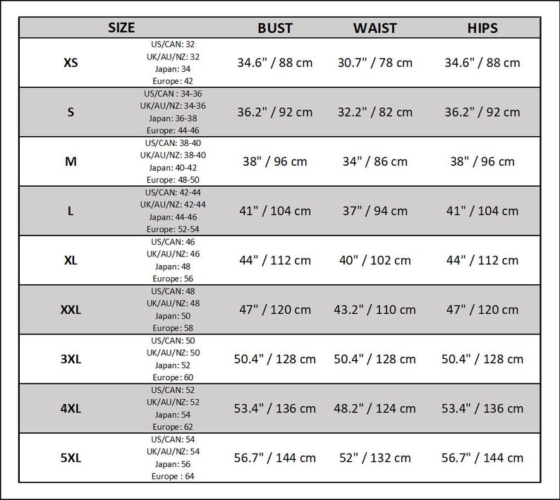 May include: Size chart for clothing with measurements in inches and centimeters. The chart shows sizes from XS to 5XL with corresponding bust, waist, and hip measurements.