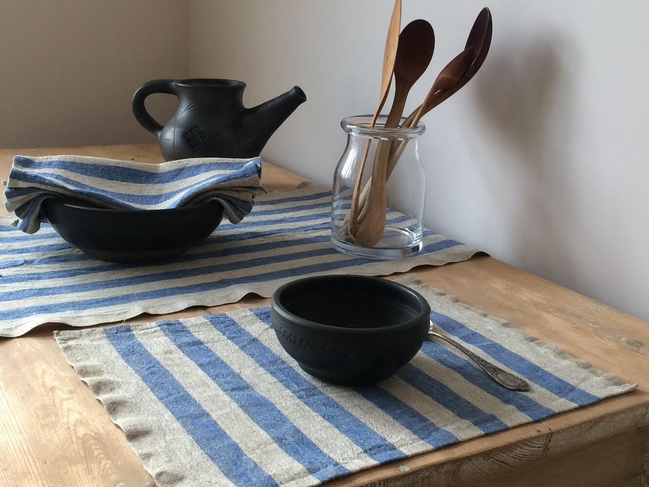 Blue Placemats, Blue Striped Placemats, Linen Placemats, Rustic Home