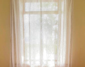Sheer Striped Tab Top Curtain Panel, Natural Linen & Milky White Colors  Linen-cotton Frenc Style Window Drapery, Custom Size Curtains