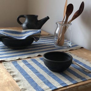 Blue Striped Linen Placemats: Rustic Washable Table Decor