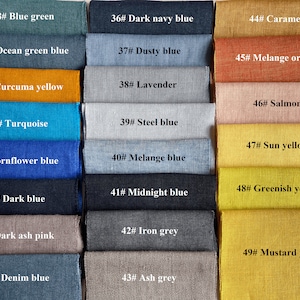 May include: A color chart of 21 fabric swatches with corresponding numbers and color names. The swatches are arranged in three columns and seven rows. The colors range from blue green to mustard yellow.