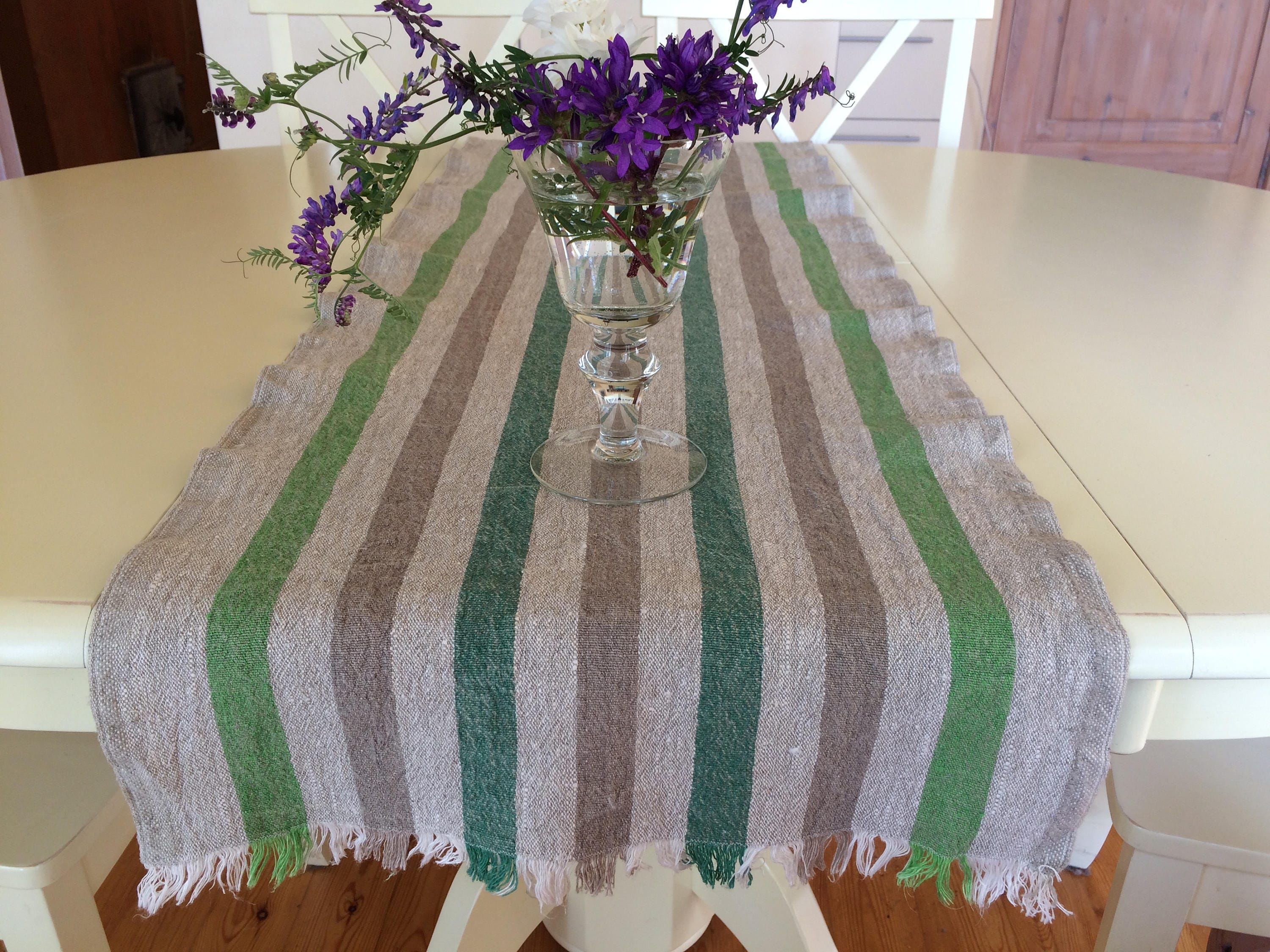 Green Striped Table Runner Linen Table Runner Green Table Etsy