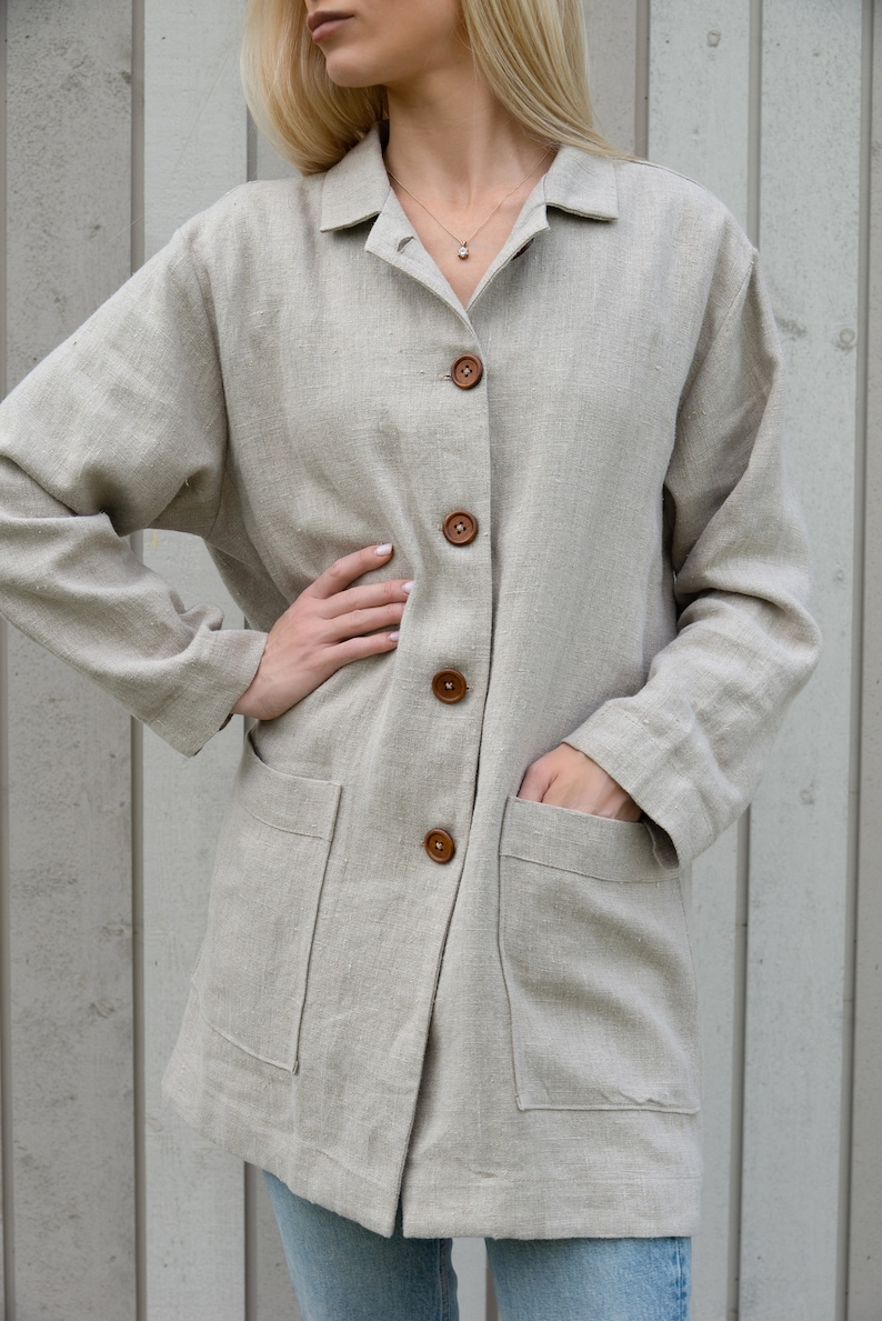 Womens linen jacket with pockets / Linen coat for women / Natural linen color coat jacket image 4