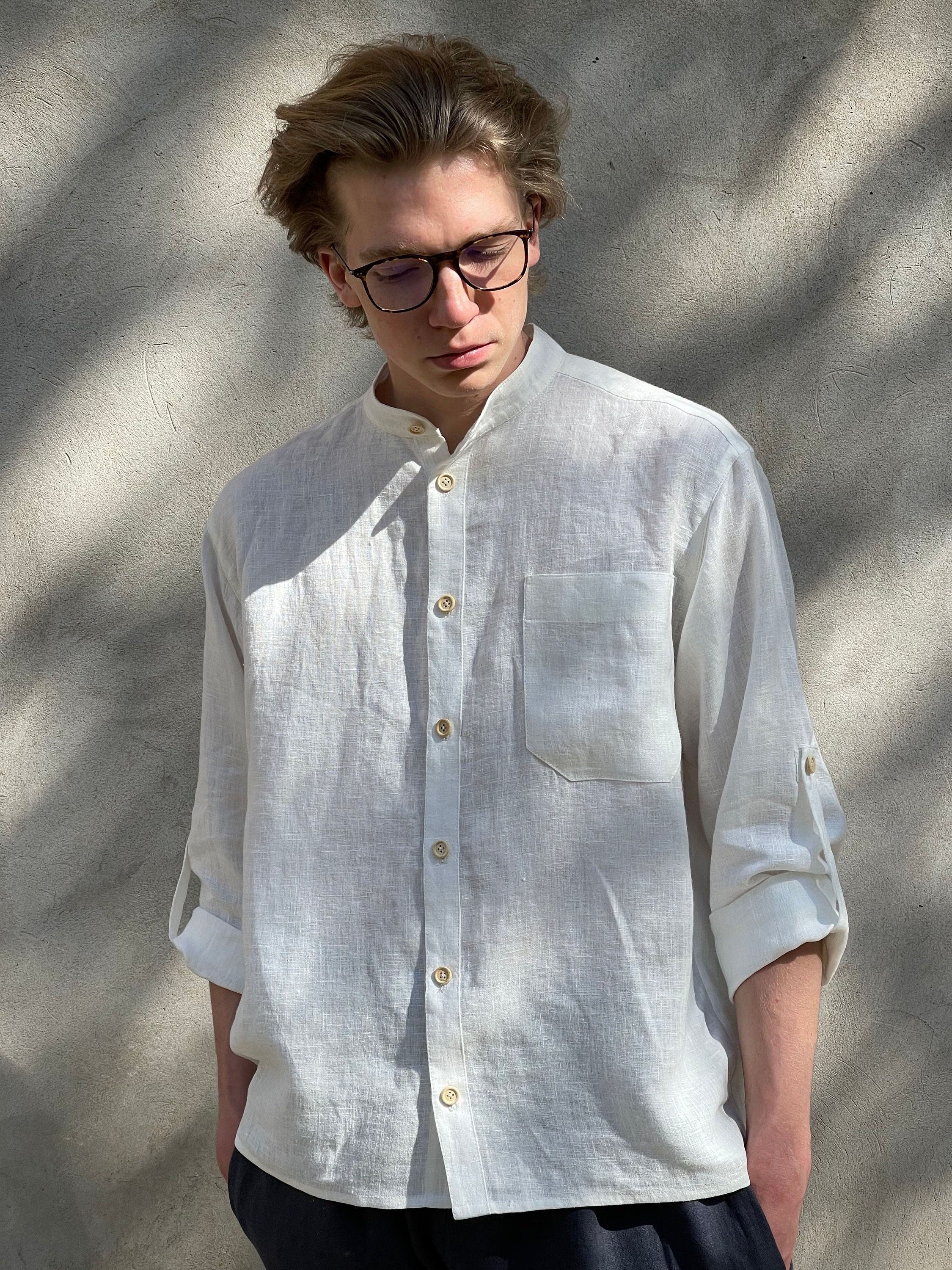 White Linen Shirt KARL, Linen Shirt with Buttons, Men's Shirt