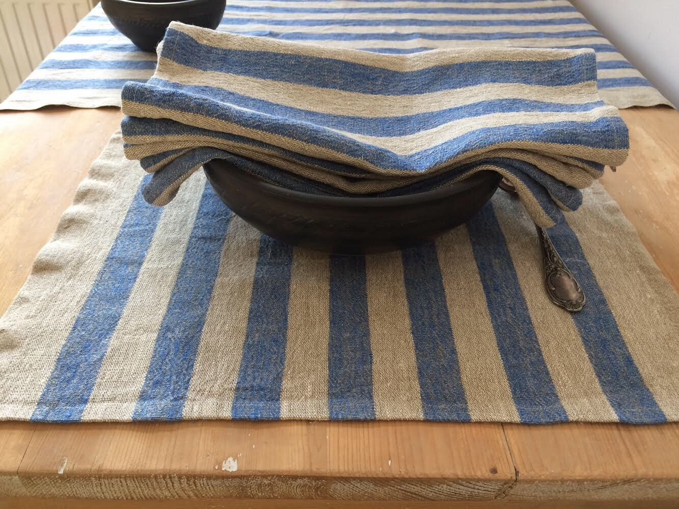 Blue Placemats, Blue Striped Placemats, Linen Placemats, Rustic Home