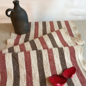 Striped Linen Table Runner: Rustic Antique Style, Red & Dark Stripes