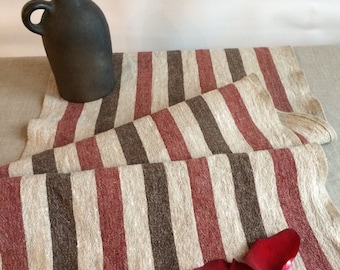 Beige Striped  Linen Table Runner, Table Runner with Dark and Red Stripes, Antique Style , Rustic, Christmas  Vintage Style Table Runner