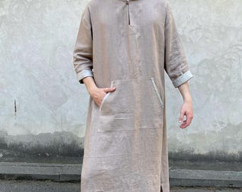 Men's Long Linen Caftan with Hood, Front Pocket Caftan, Button Up Caftan, 3/4 Sleeve Caftan, Plus Size Linen Kaftan, Side Slit Caftan