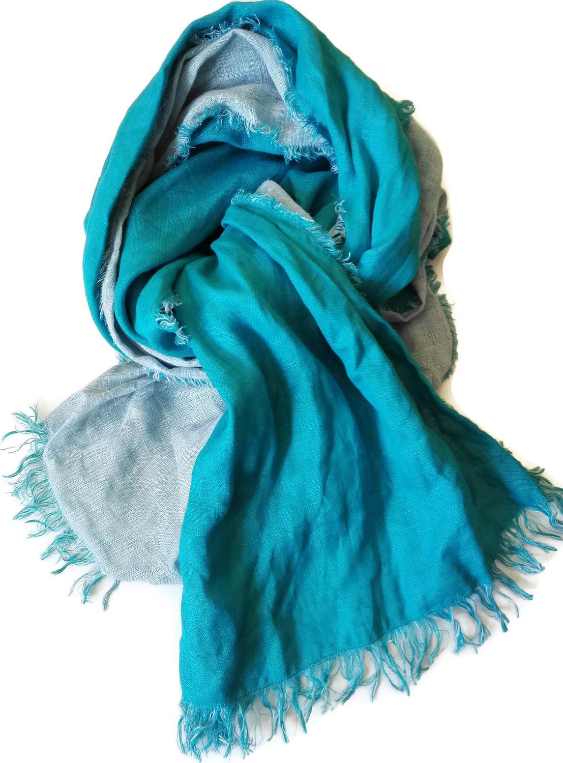Turquoise Blue Linen Scarf, Light Blue Linen Scarf, Bicolor Linen Scarf, Turquoise Blue Scarf ...