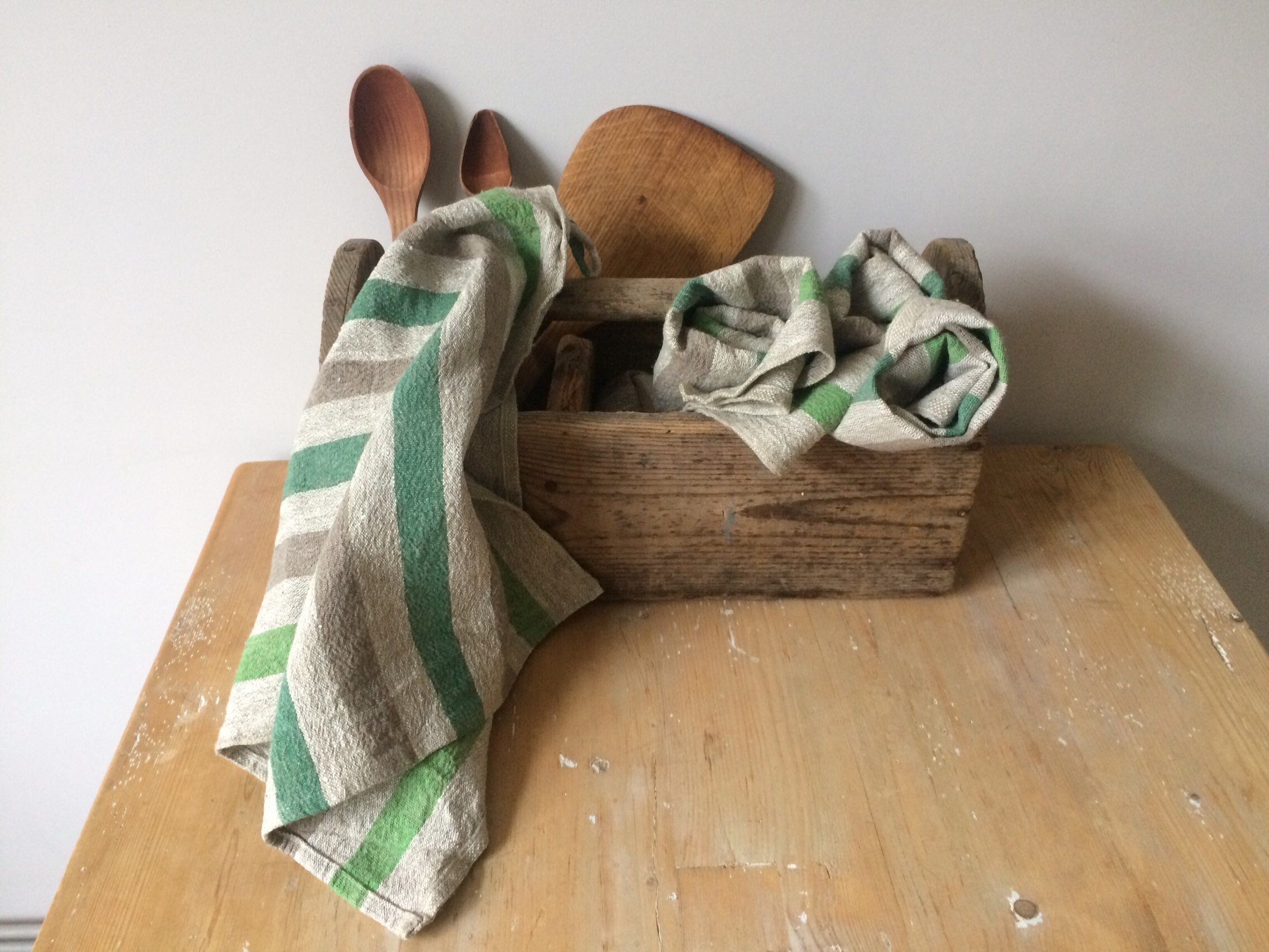 Heavy Linen Tea Towel, Rustic Tea Towel, Green Striped Tea Towel