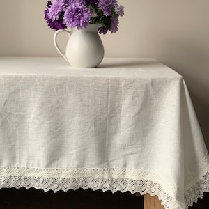Linen Tablecloth with Lace, Milk White Linen Tablecloth, Milk White Lace Tablecloth, Large Square Linen Tablecloth, Large Tablecloth image 5