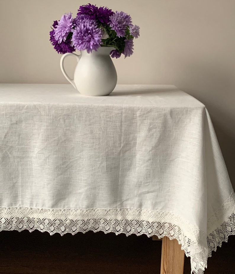 Linen Tablecloth with Lace, Milk White Linen Tablecloth, Milk White Lace Tablecloth, Large Square Linen Tablecloth, Large Tablecloth image 5