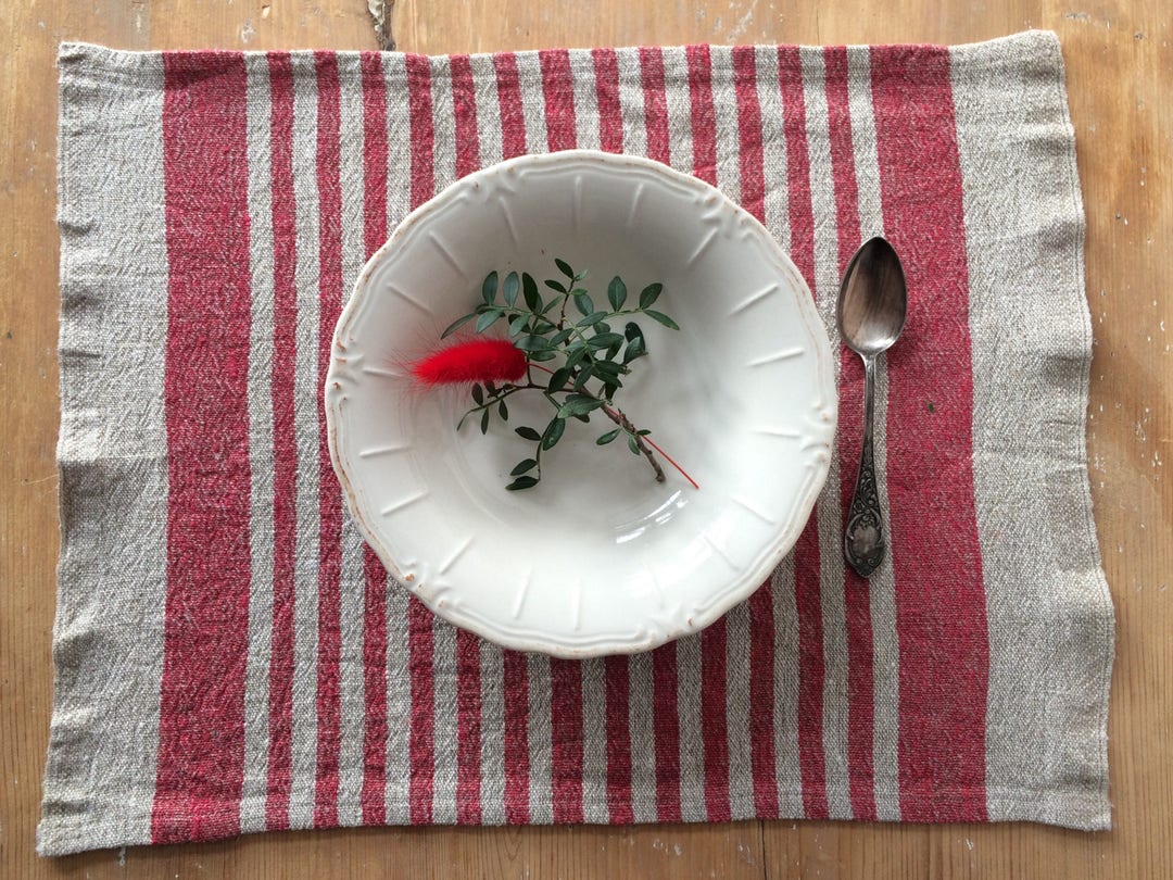 Red Striped Placemats Linen Placemats Rustic Home Decor Red Etsy