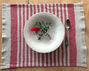 Red Striped Placemats, Linen Placemats, Rustic Home Decor, Red Linen Placemats, Red Fabric Placemats, Washable Placemats, Red Home Decor