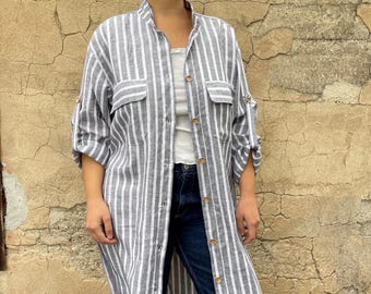 Women long linen shirt dress in grey and white stripes with belt,buttons and pockets