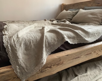 Coperta di lino con pizzo, biancheria da letto di lino, coperta da tiro, copriletto di lino, copriletto di lino con pizzo, biancheria da letto, coperta di lino, sciarpa da letto