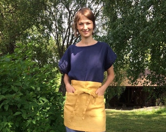 Dark Yellow Cafe Apron, Mustard Yellow Linen Half Apron, Womens Apron, Mens Apron, Unisex Apron, Chef Apron, Wrap Apron with Front Pockets