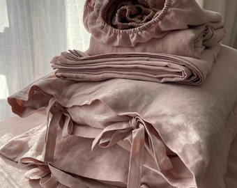 Linen Sheet Set, Linen Sheet Set of 4 Pieces, Fitted Sheet, Flat Sheet and 2 Pillowcase Set, Dusty Rose Linen Bedding Set, Bed Linen