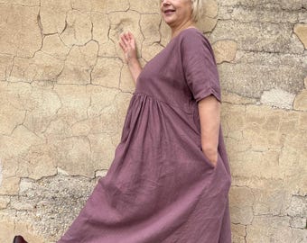 Plum Colored Linen Maxi Dress with Half-Length Sleeves | Elegant Long Sleeve Linen Dress for Women | Handmade Summer Maxi Dress