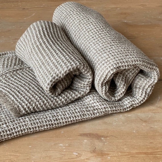Bath and Face Towels Set Made of Linen, Waffle Pattern Linen, Bath