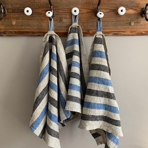 Striped Linen Kitchen Towels: European Flax, Blue & Black Set