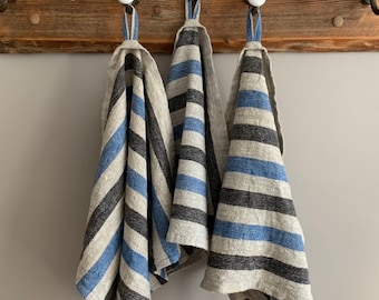 Linen towels, Set of kitchen towels, Beige linen kitchen towels, Striped linen kitchen towels, Blue and black kitchen towel