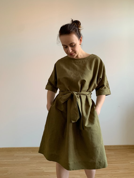 Olive Green Linen Dress with Tie Belt: Handmade European Linen