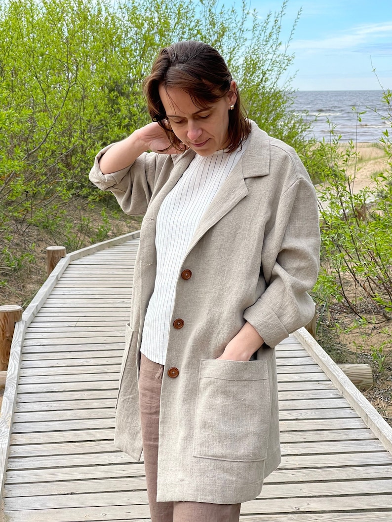 Womens linen jacket with pockets / Linen coat for women / Natural linen color coat jacket image 3