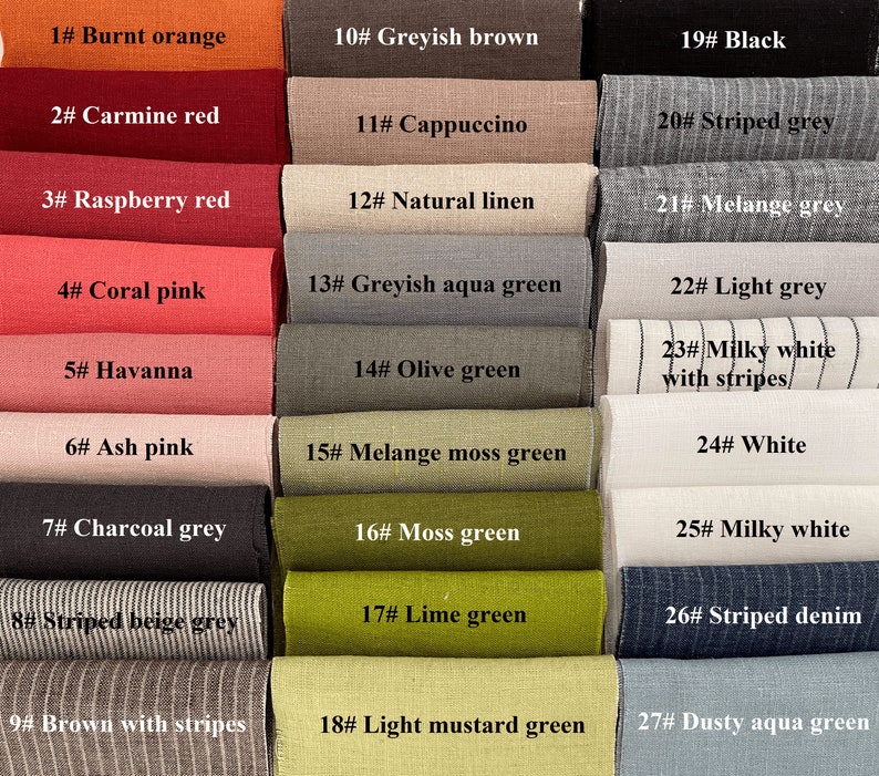 May include: A swatch card with 27 different fabric samples, each labeled with a number and a color description. The colors range from burnt orange to dusty aqua green, and include shades of red, pink, grey, green, and white.