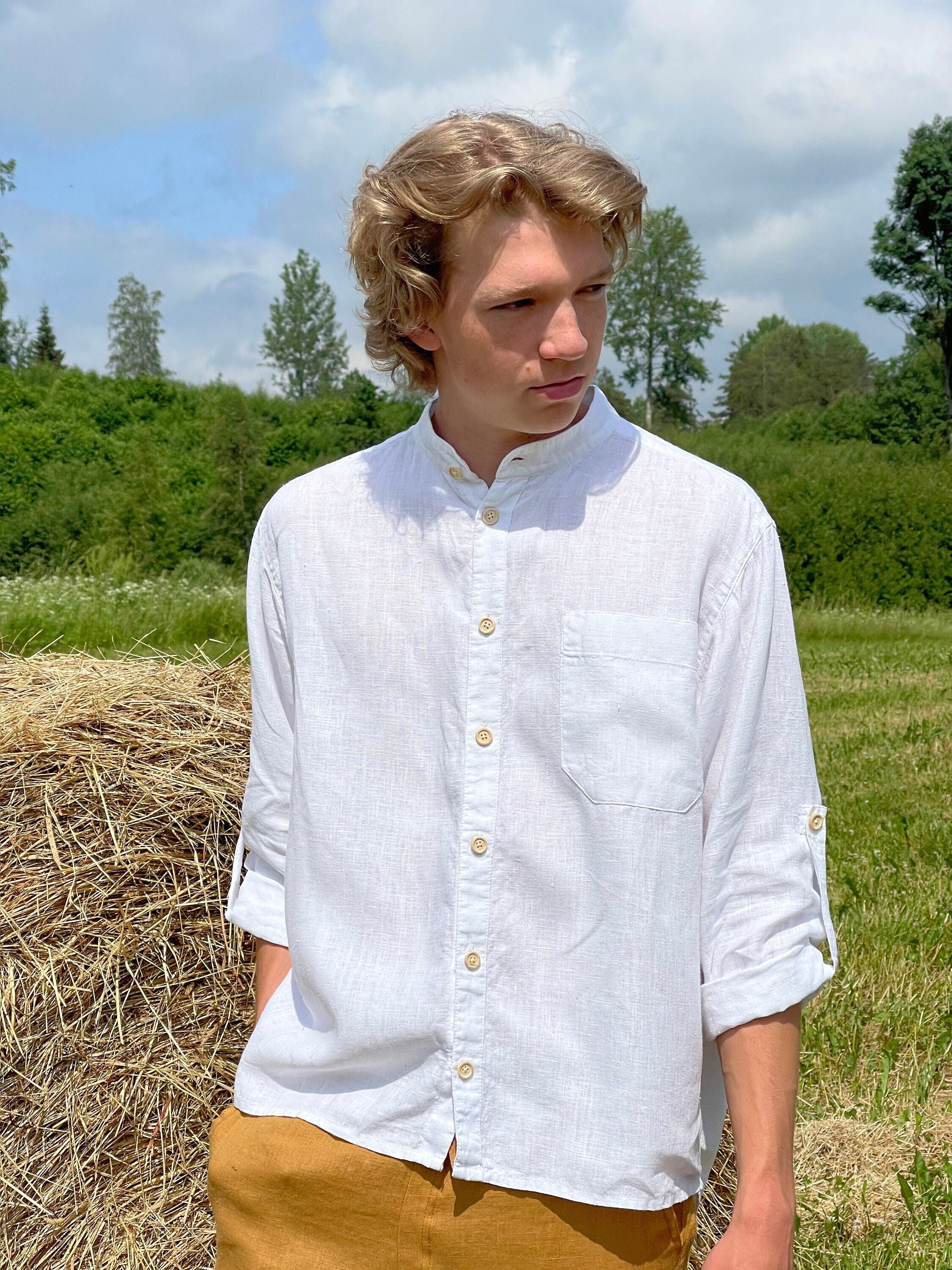 White Linen Shirt KARL, Linen Shirt with Buttons, Men's Shirt