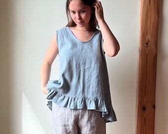 Romantc Style Linen Top with Frills, Blouse, Oversize Handmade Linen Top, Women's Gift Shirt, Loose Linen Top, Women Summer Shirt, Plus Size