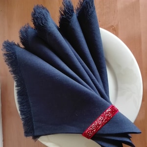 Dark Blue Linen Napkins with Fringes: Set of 6