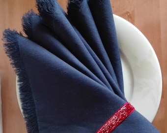 Dark Blue Napkins, A set 6 Blue Linen Napkins with Fringes, Cloth Napkins, Flax Napkins