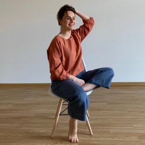 Handmade Linen Tunic: Burnt Orange Women&#39;s Blouse, Plus Size