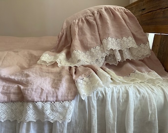 Laced Duvet Cover and Pillowcase Set, Dusty Pink with Milk White Linen Lace, Romantic Linen Bedding Set with Laced Edges and Bow Ties